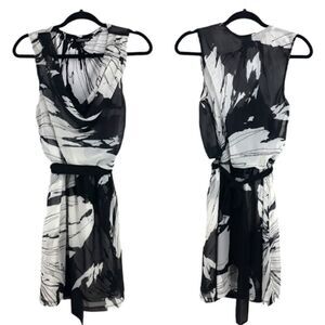 Express Chiffon Cowl Sleeveless Belted Knee Dress Color Blocked Floral Blk Sz M